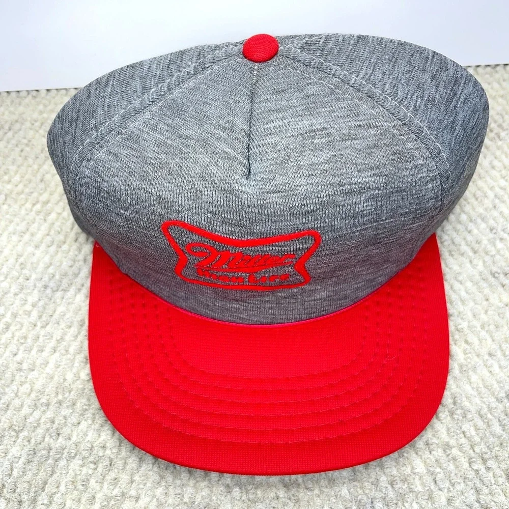 Vintage Miller High Life Trucker Hat Cap Snapback Beer Heather Gray Red‎ 90s